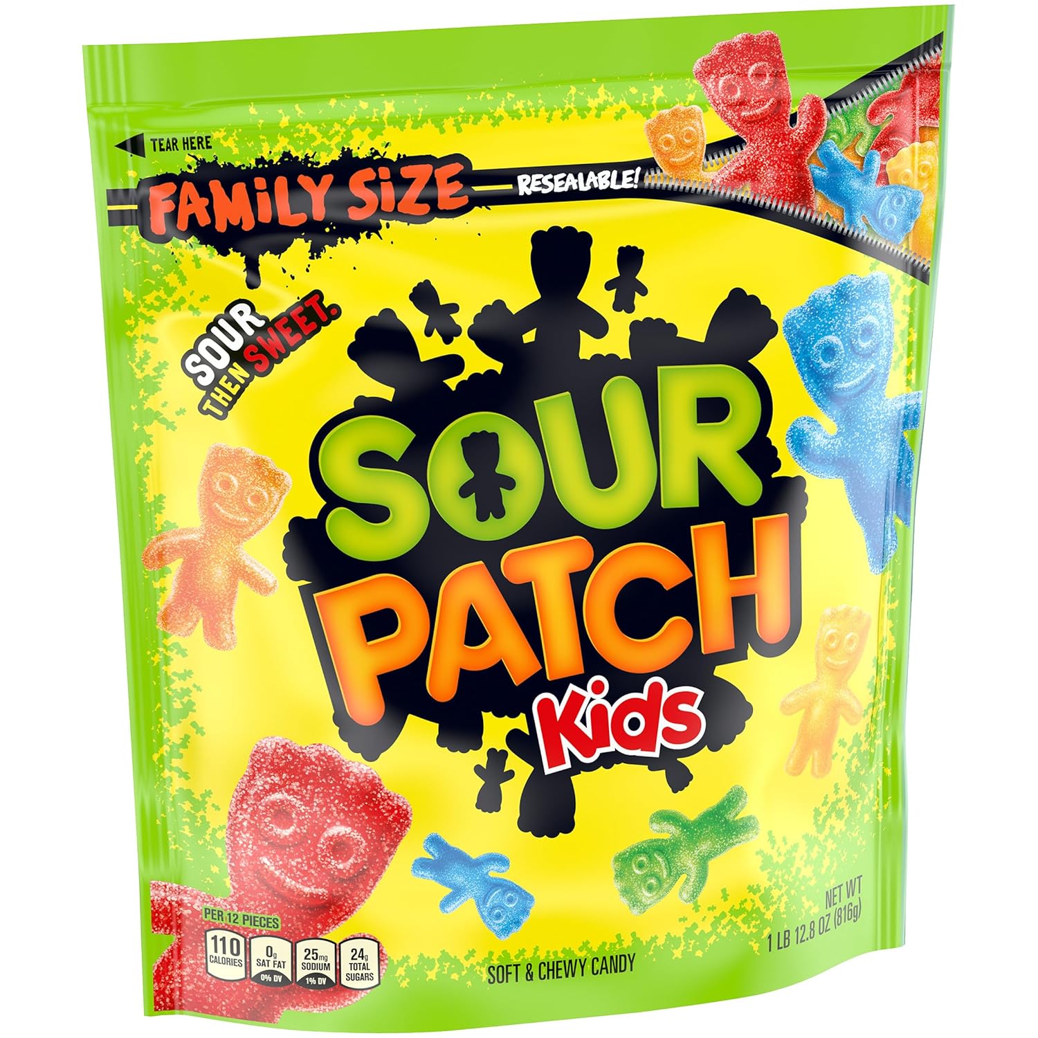 SOUR PATCH KIDS Assorted Fruit Chewy Candy, 1.8 lb Family Size Resealable Bag for Playdates and After-School Snacking