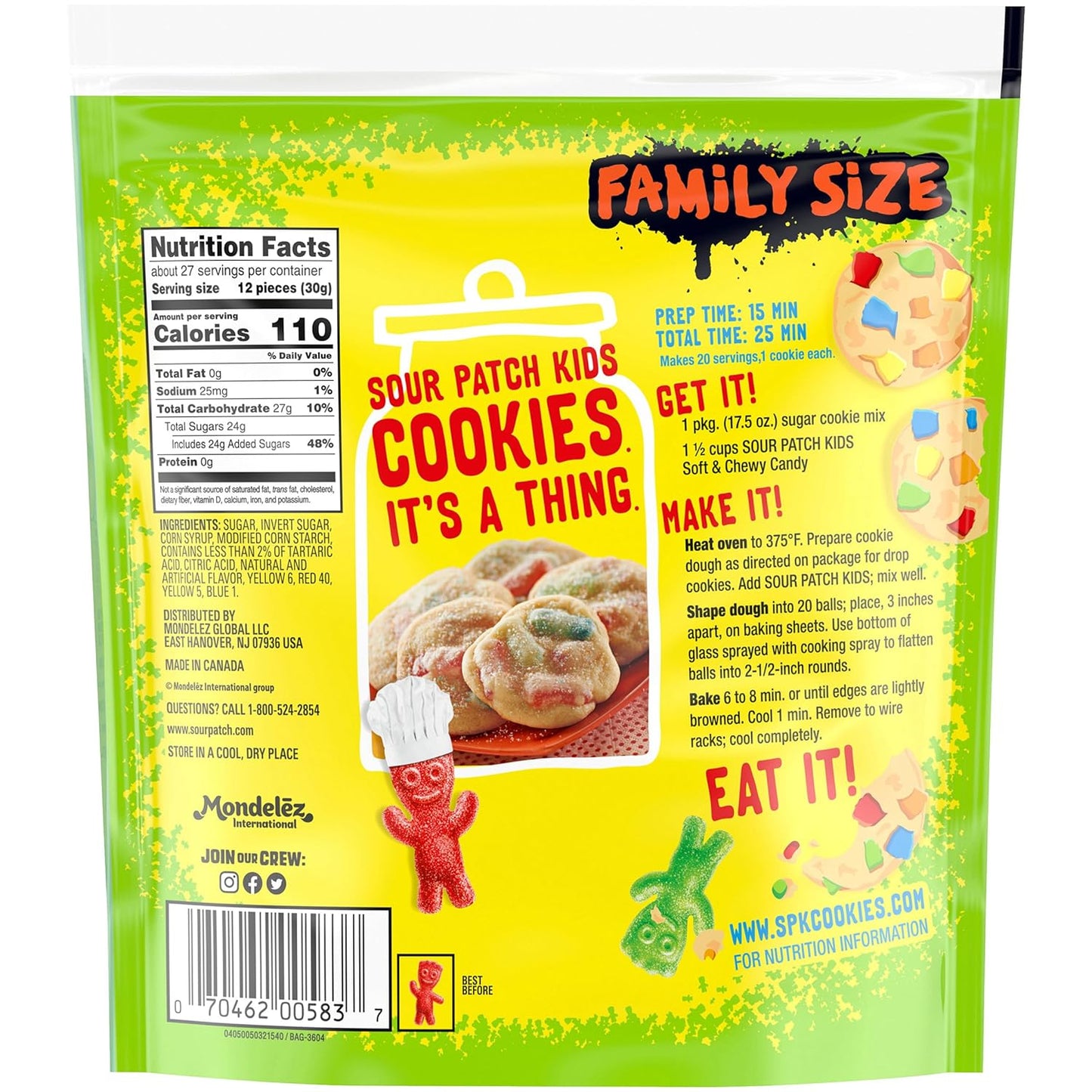 SOUR PATCH KIDS Assorted Fruit Chewy Candy, 1.8 lb Family Size Resealable Bag for Playdates and After-School Snacking