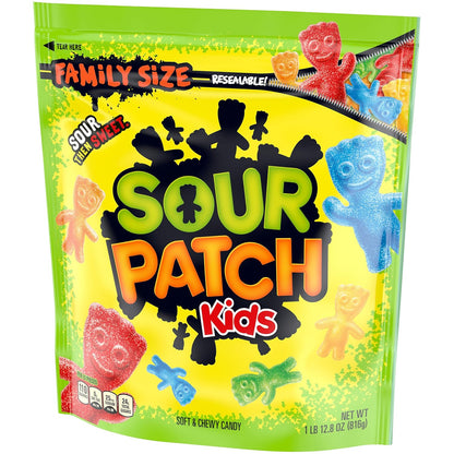 SOUR PATCH KIDS Assorted Fruit Chewy Candy, 1.8 lb Family Size Resealable Bag for Playdates and After-School Snacking