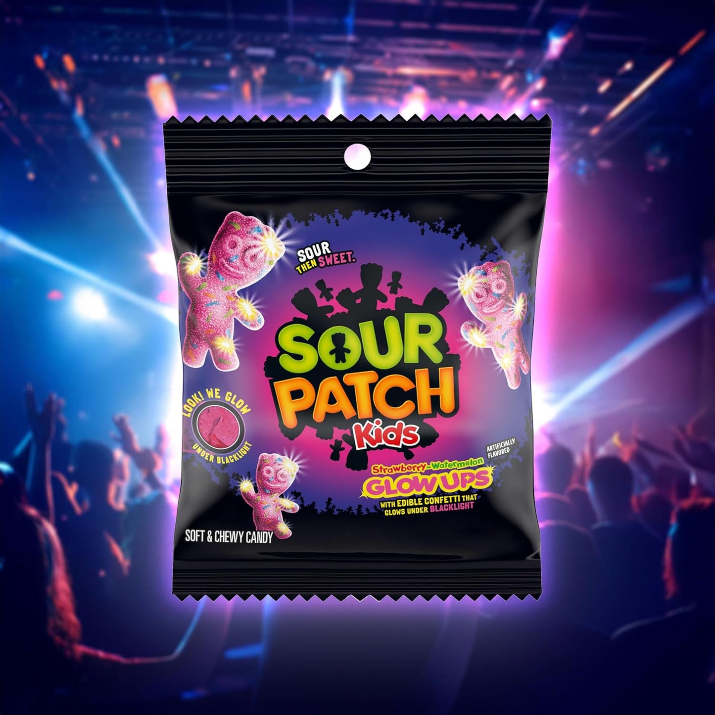 SOUR PATCH KIDS Glow Ups Strawberry-Watermelon Soft & Chewy Candy, Novelty Glow Gift for Teens and Young Adults, 12-3.08 oz Bags