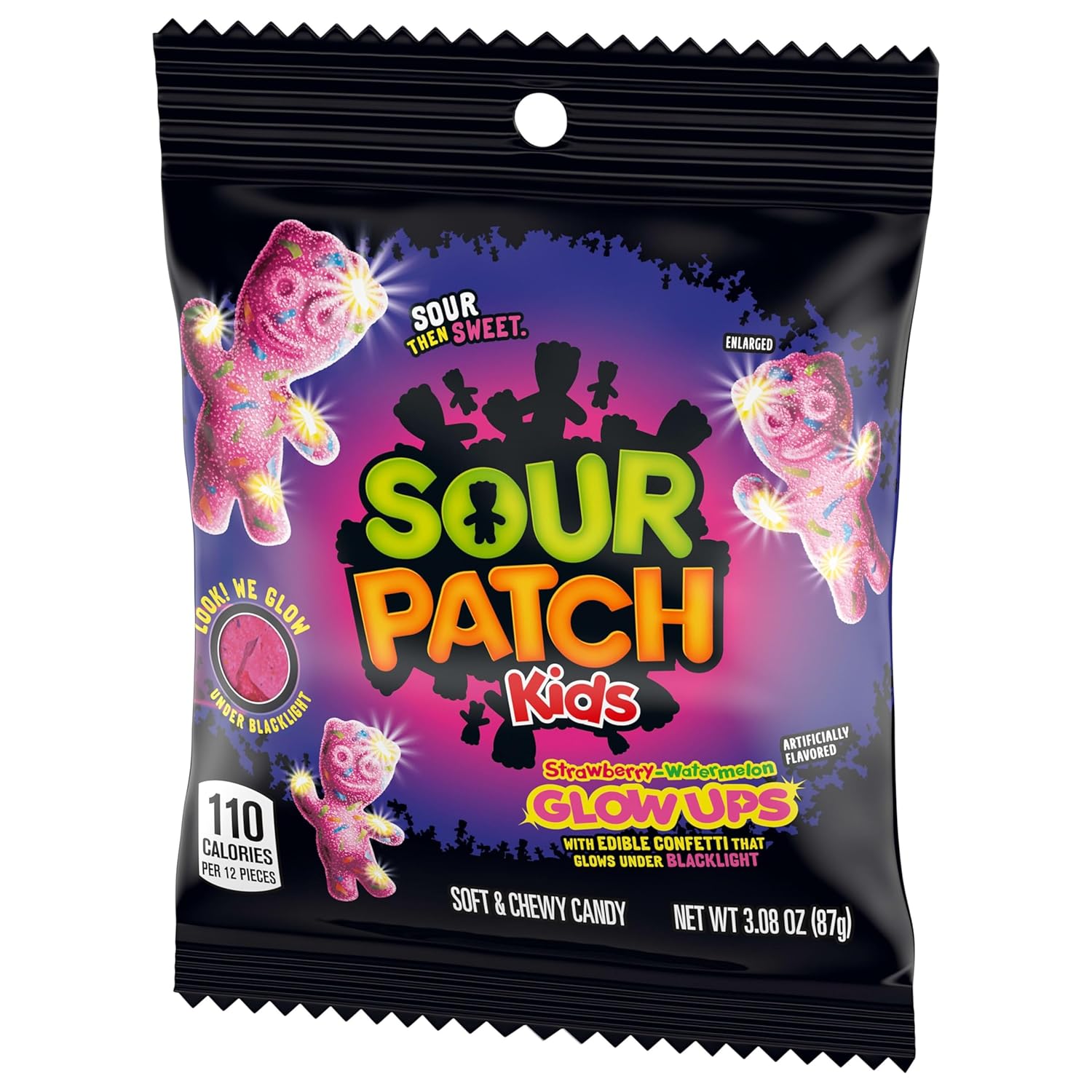SOUR PATCH KIDS Glow Ups Strawberry-Watermelon Soft & Chewy Candy, Novelty Glow Gift for Teens and Young Adults, 12-3.08 oz Bags