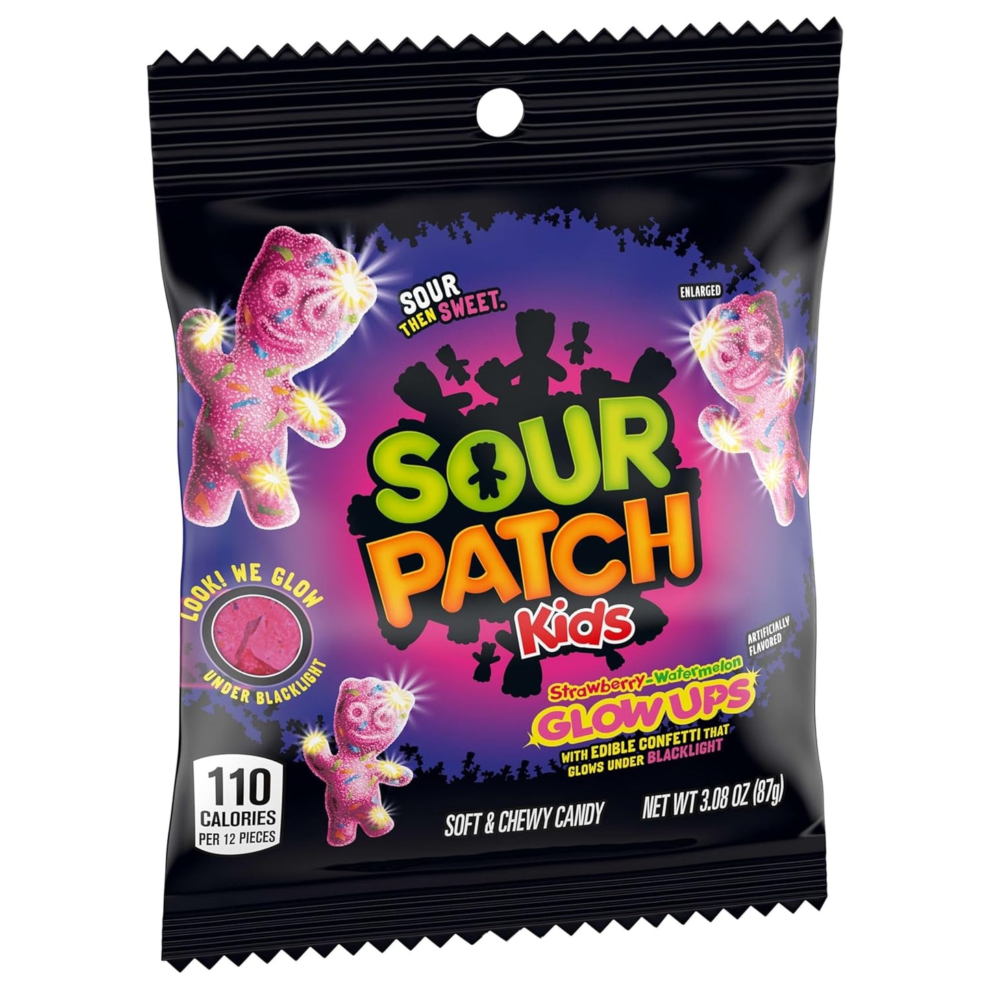 SOUR PATCH KIDS Glow Ups Strawberry-Watermelon Soft & Chewy Candy, Novelty Glow Gift for Teens and Young Adults, 12-3.08 oz Bags