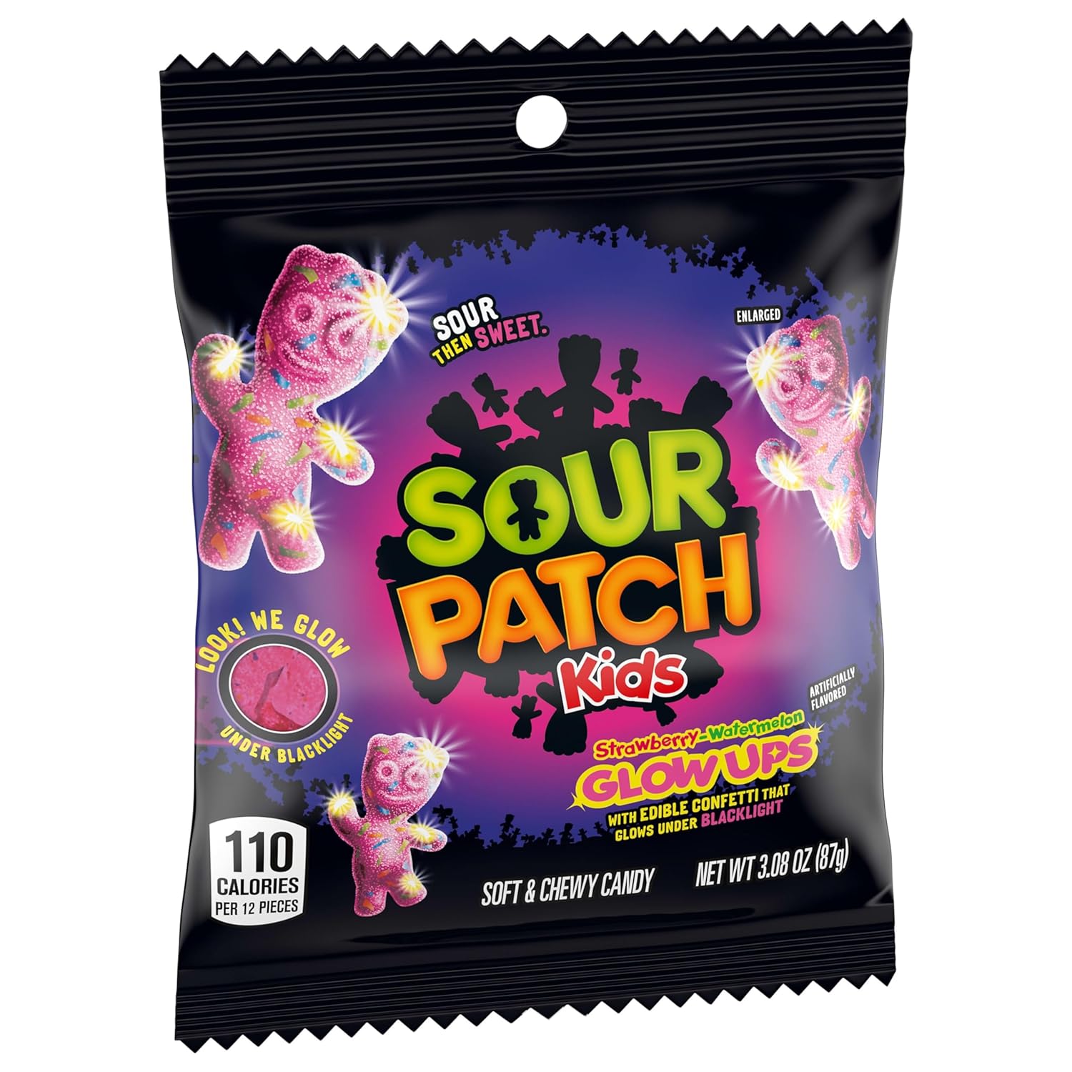 SOUR PATCH KIDS Glow Ups Strawberry-Watermelon Soft & Chewy Candy, Novelty Glow Gift for Teens and Young Adults, 12-3.08 oz Bags