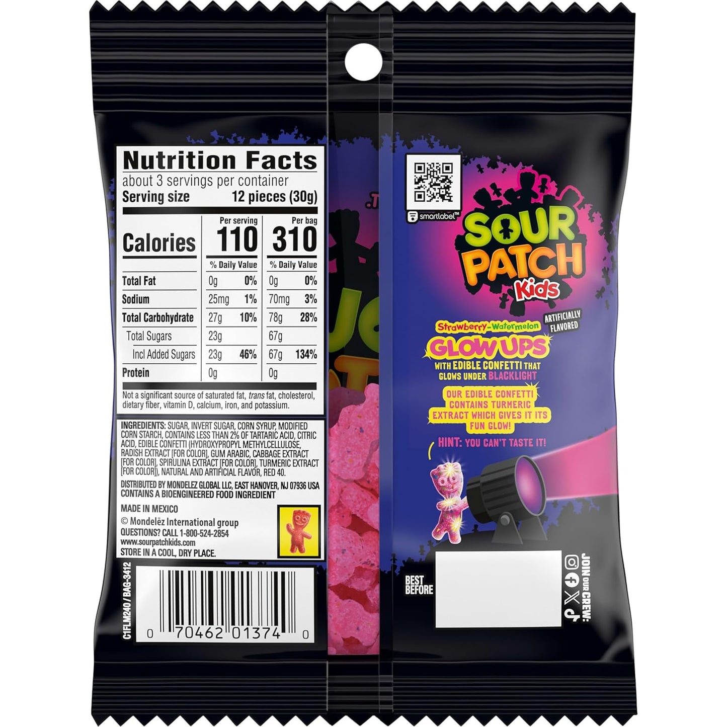 SOUR PATCH KIDS Glow Ups Strawberry-Watermelon Soft & Chewy Candy, Novelty Glow Gift for Teens and Young Adults, 12-3.08 oz Bags
