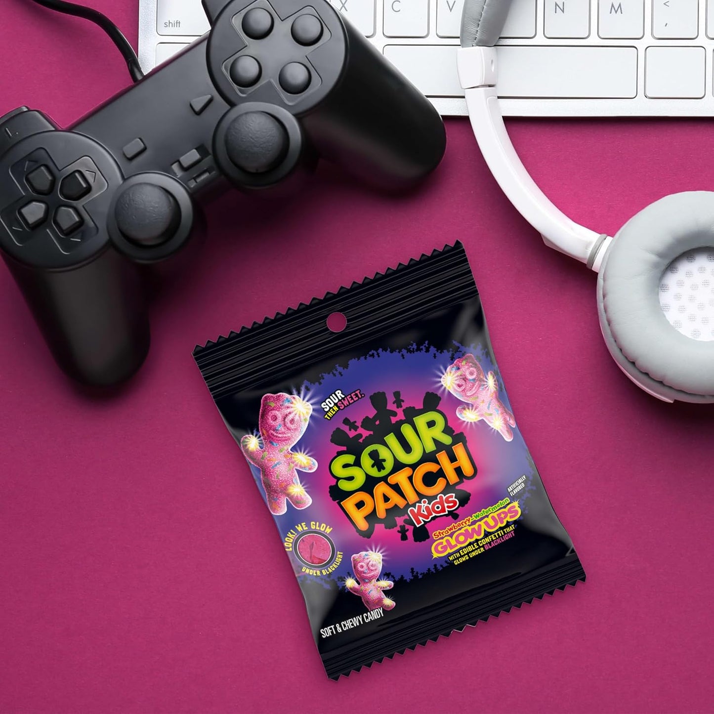SOUR PATCH KIDS Glow Ups Strawberry-Watermelon Soft & Chewy Candy, Novelty Glow Gift for Teens and Young Adults, 12-3.08 oz Bags