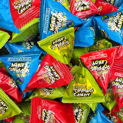 Sour Popping Rocks - 40 Individually Wrapped Triangle Pouches for Kids Lunchboxes and Trick-or-Treat Bowls - Assorted Blue Raspberry, Watermelon, and Green Apple Sour Popping Candy
