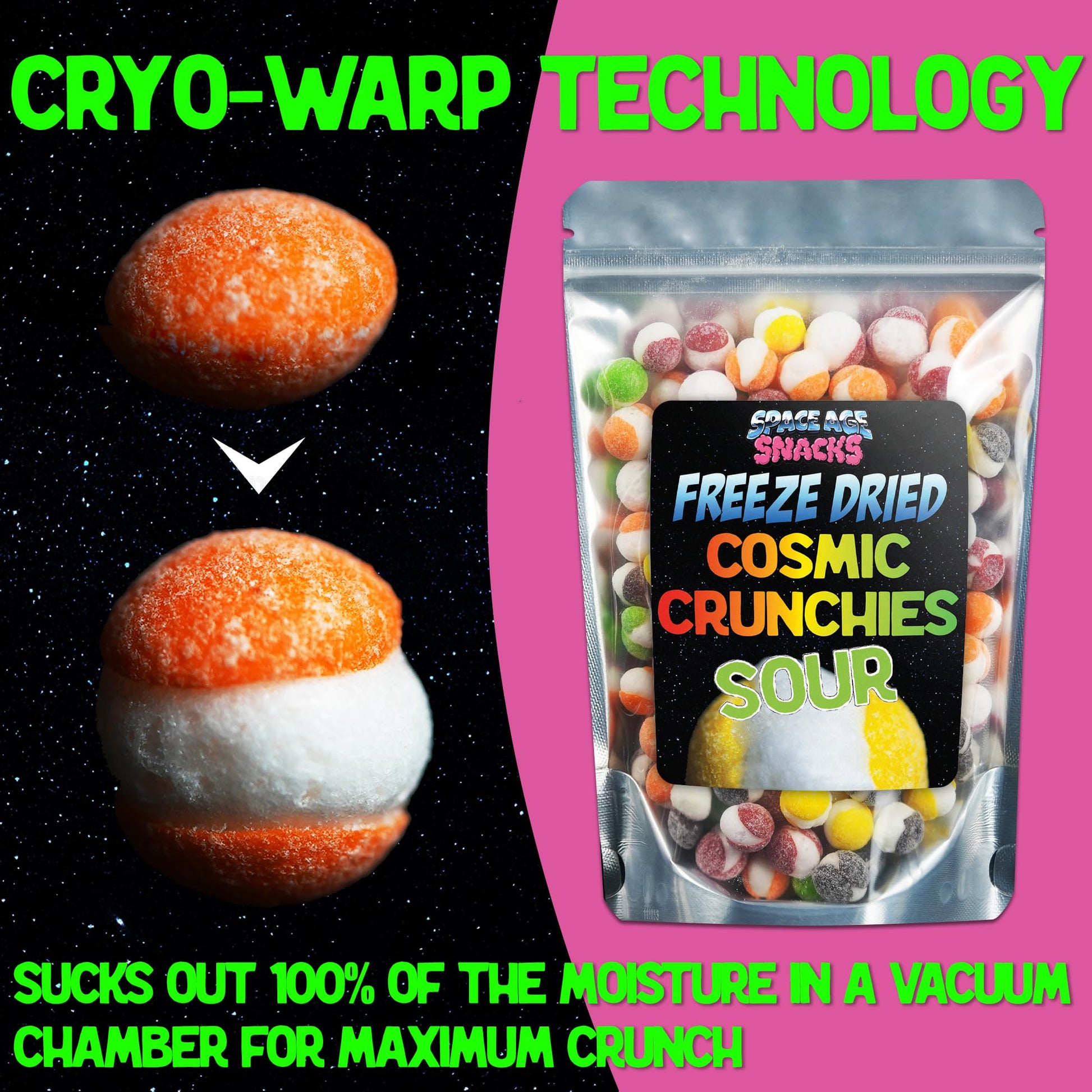 space-age cosmic branding (cosmic crunchies, cosmo cubes, moon clouds, caramel apple comets)