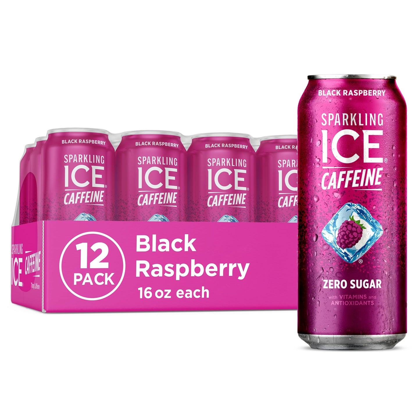 Sparkling Ice Caffeine Black Raspberry Sparkling Water for Backyard Patio, Recyclable 16 oz Cans for Outdoor Refreshing
