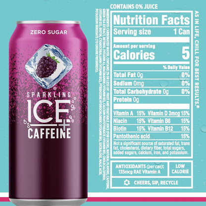 Sparkling Ice Caffeine Black Raspberry Sparkling Water for Backyard Patio, Recyclable 16 oz Cans for Outdoor Refreshing