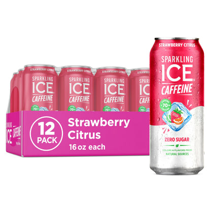 Sparkling Ice Caffeine Black Raspberry Sparkling Water for Backyard Patio, Recyclable 16 oz Cans for Outdoor Refreshing