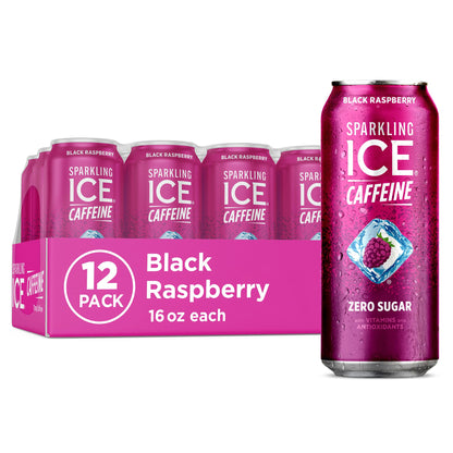 Sparkling Ice Caffeine Black Raspberry Sparkling Water for Backyard Patio, Recyclable 16 oz Cans for Outdoor Refreshing