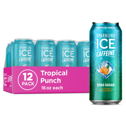 Sparkling Ice Caffeine Black Raspberry Sparkling Water for Backyard Patio, Recyclable 16 oz Cans for Outdoor Refreshing