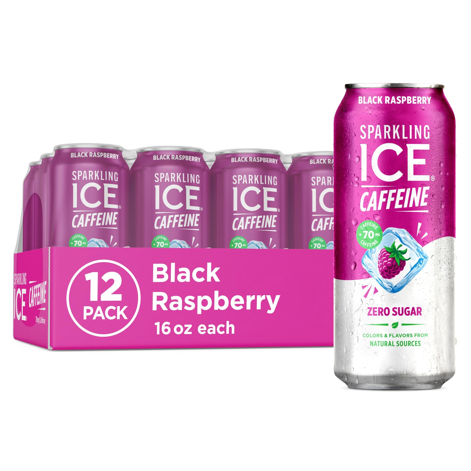 Sparkling Ice Caffeine Black Raspberry Sparkling Water for Backyard Patio, Recyclable 16 oz Cans for Outdoor Refreshing