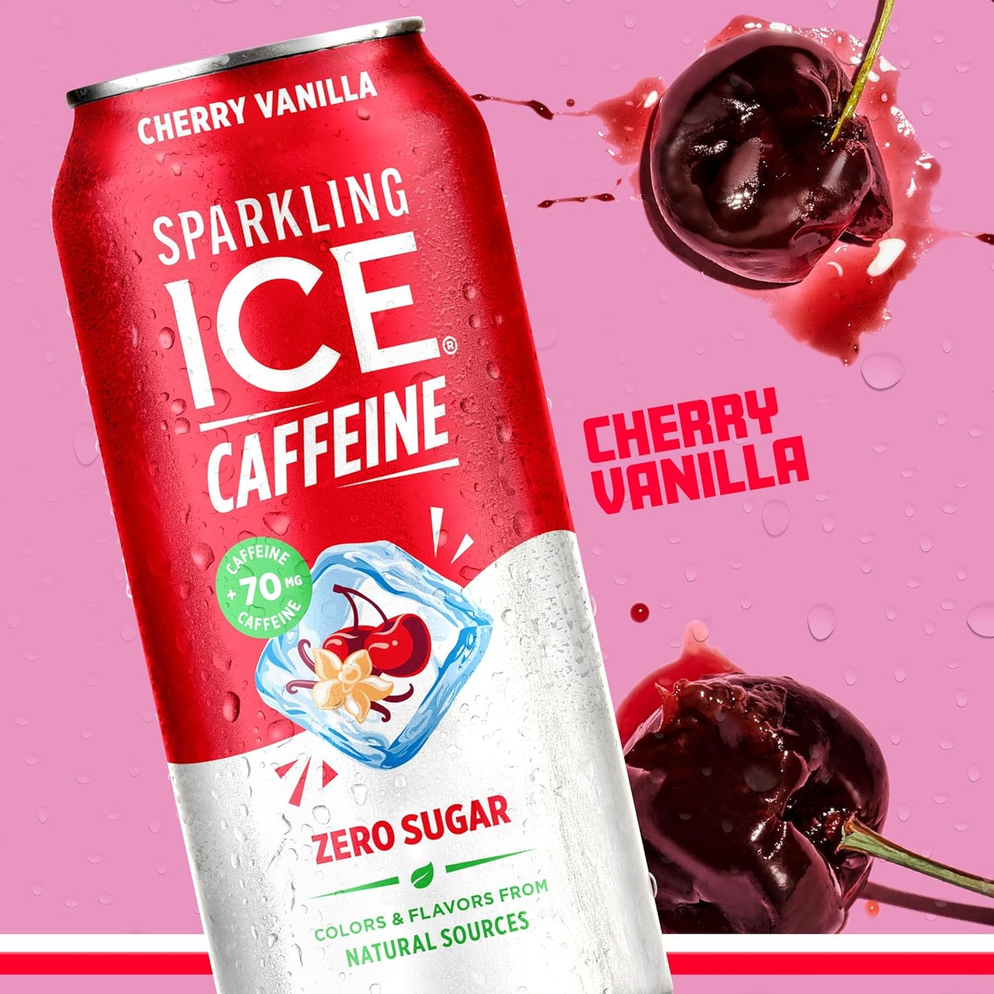Sparkling Ice Caffeine Black Raspberry Sparkling Water for Gym Bag Refreshers, Portable Sparkling Water with 70mg Caffeine
