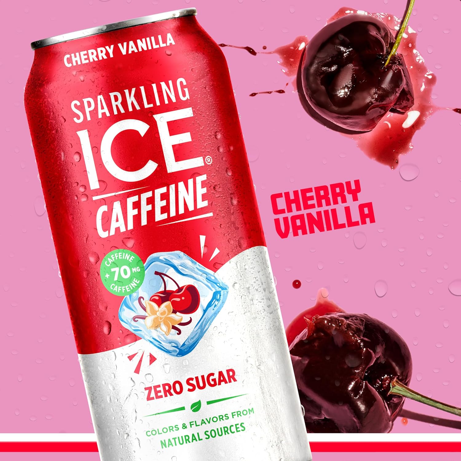 Sparkling Ice Caffeine Black Raspberry Sparkling Water for Gym Bag Refreshers, Portable Sparkling Water with 70mg Caffeine