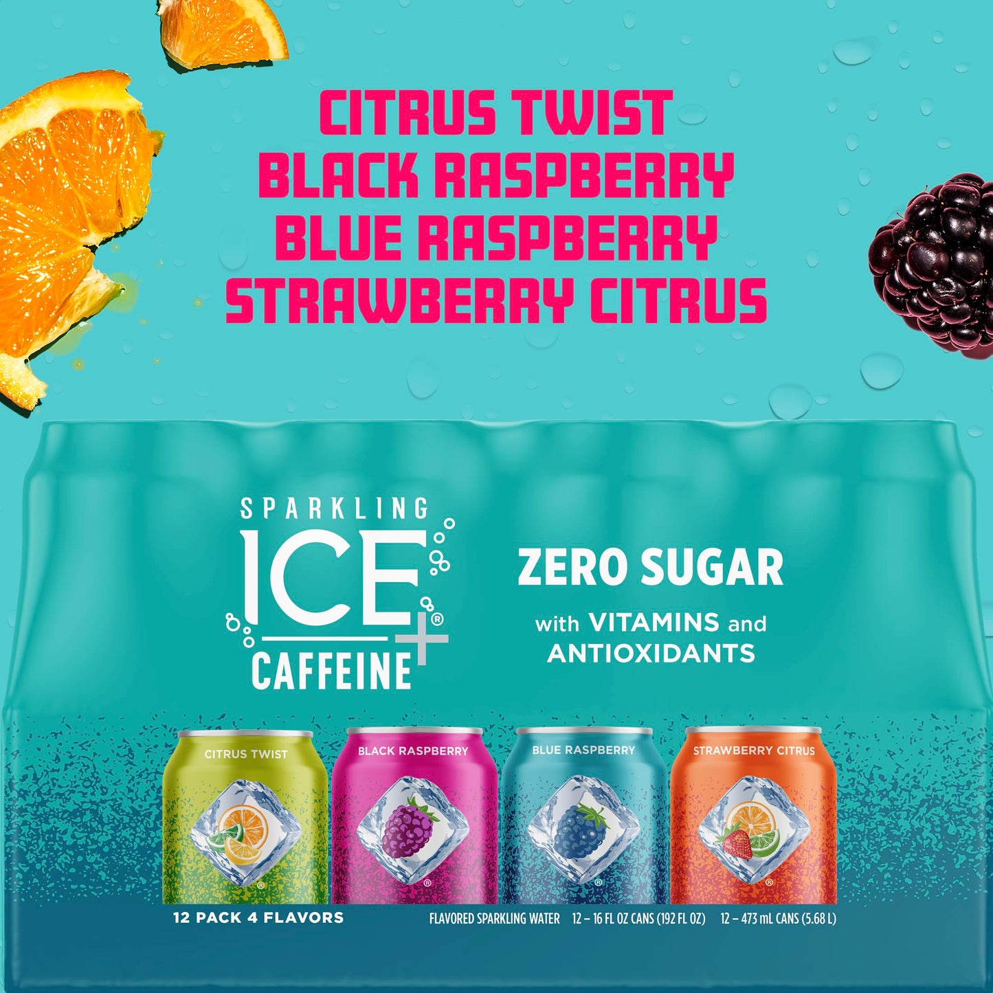 Sparkling Ice Caffeine Black Raspberry Sparkling Water Gift Pack for Her, Zero Sugar Variety Sparkling Water Care Package