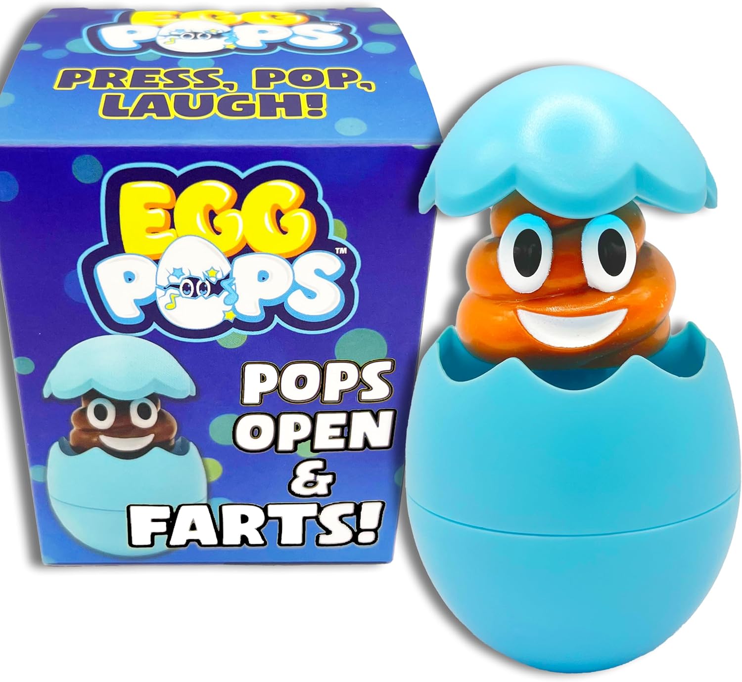 spring-loaded pop-up mechanism that ejects a poop character from the egg shell
