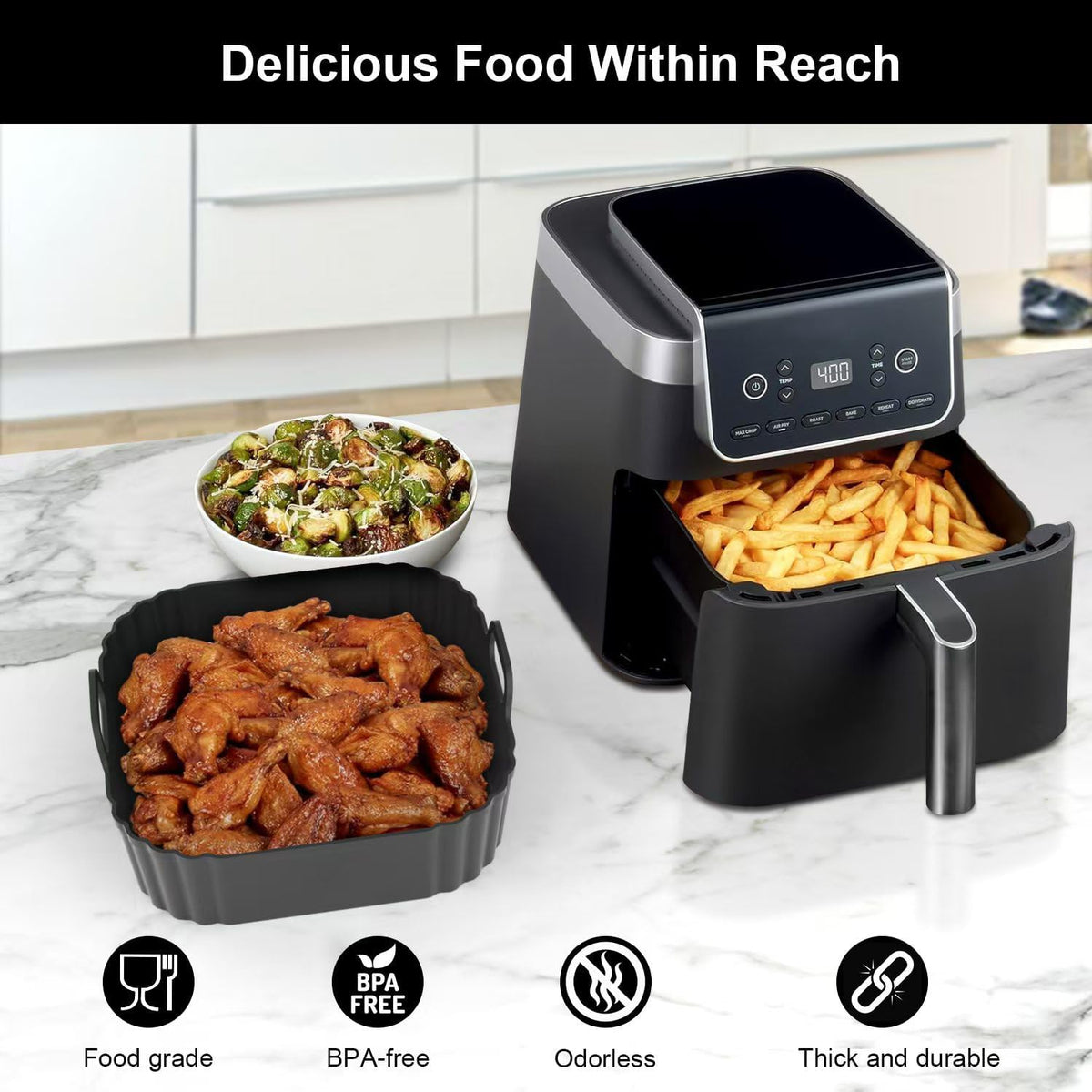 Square Silicone Air Fryer Liners for Lunchbox Prep, 2 Pack 5-6.5QT Parent-Approved Liner