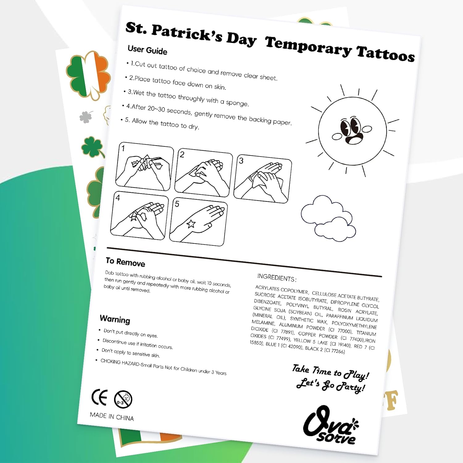 St. Patrick's Day Temporary Tattoos for Kids – 56 Shamrock Face Stickers, Safe Party Favors for Classroom and Birthday