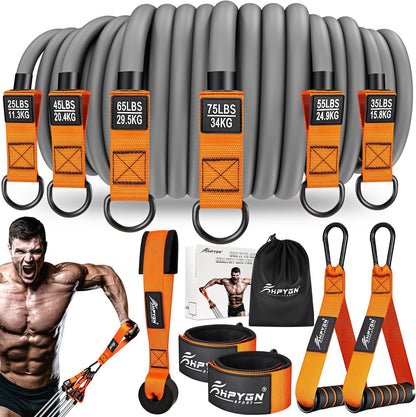 stackable resistance system reaching 300-420lbs total tension across 9 color/tension variants (orange, blue, black in 300/360/420lbs)