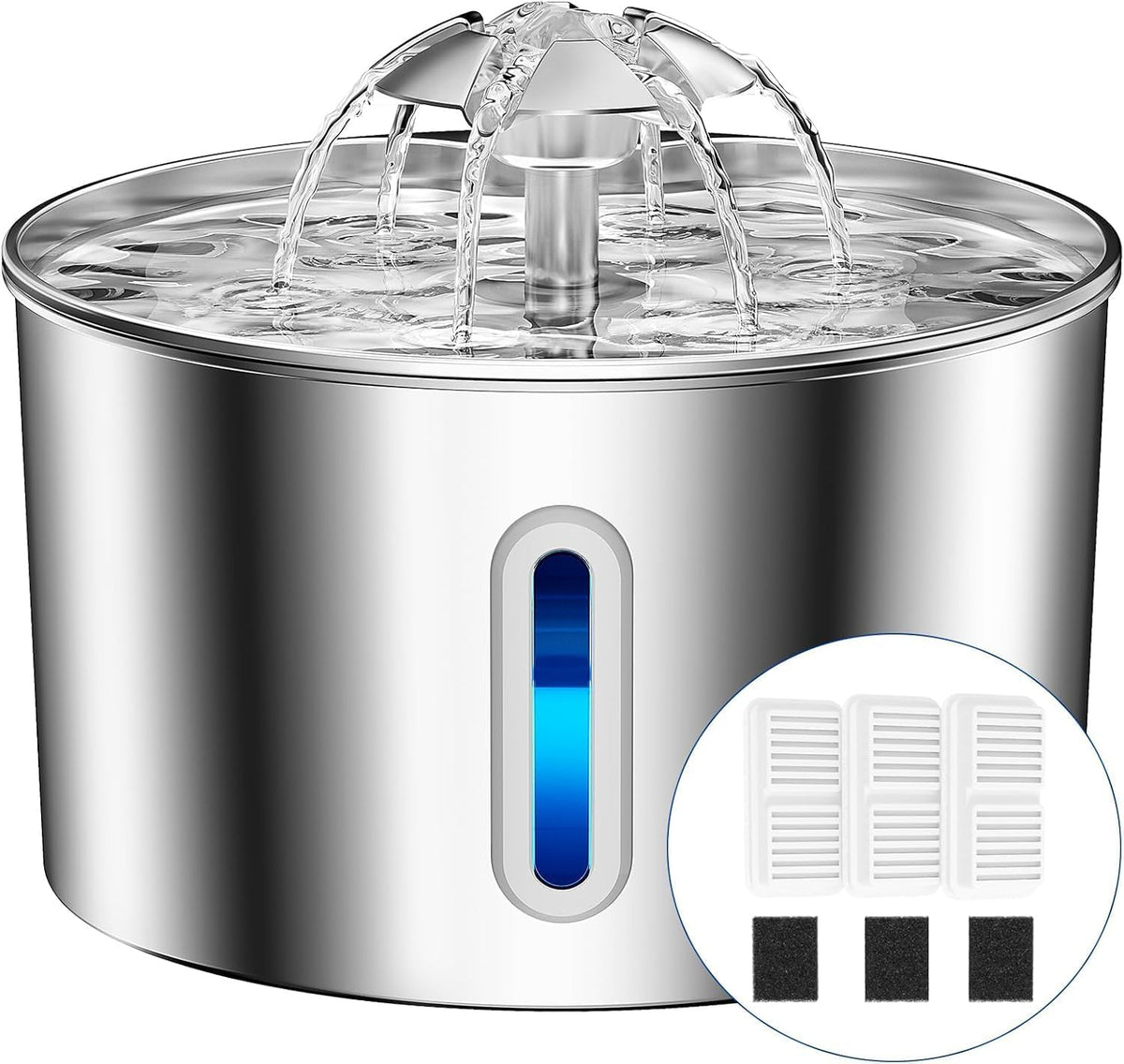 stainless steel bowl and housing in silver, with black, white, pink, and blue options