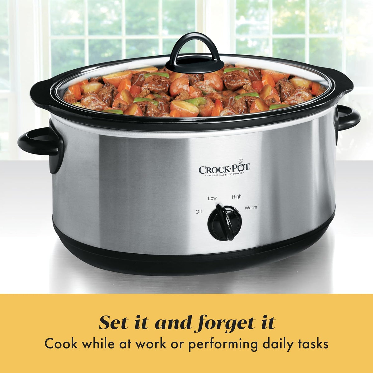 stainless steel exterior with black accents and cool-touch plastic handles (plus color options: charcoal, black, red, turquoise, purple potato)