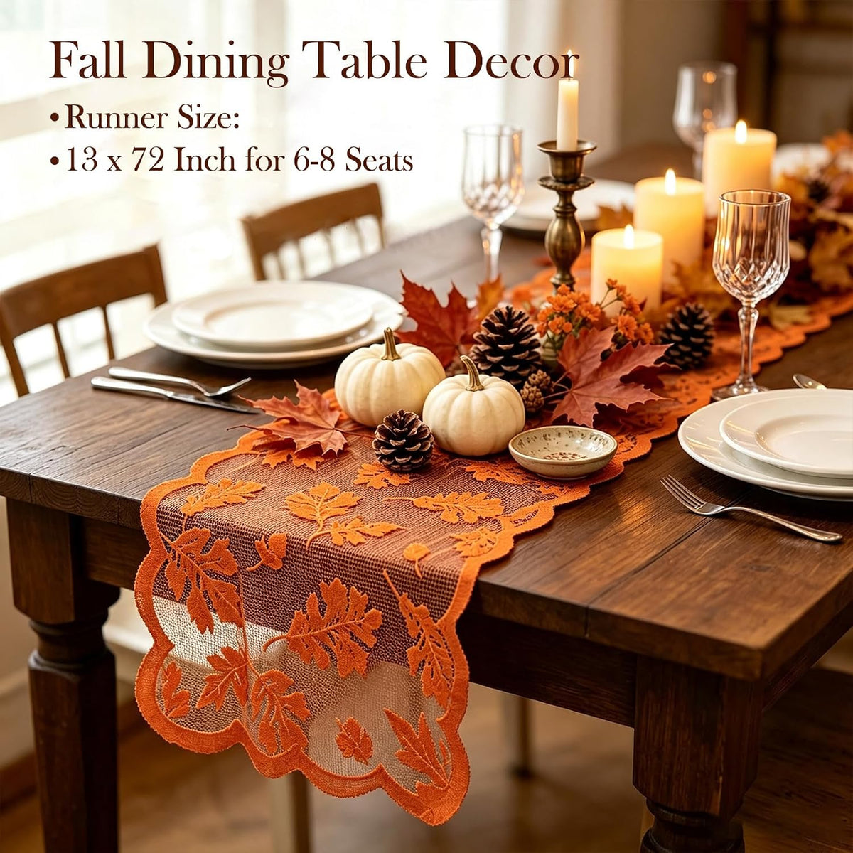 standard runner size 13 x 72 inches fitting 4-6 person tables