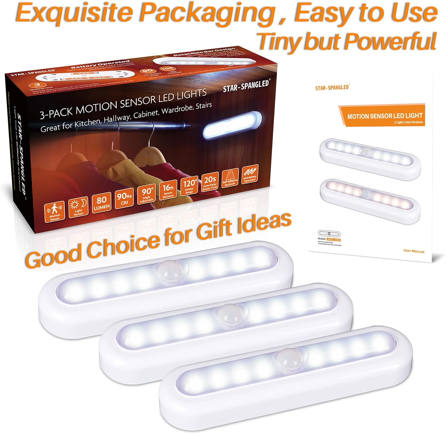 STAR-SPANGLED 3 Pack 7” Motion Sensor Light Indoor Battery Operated – Child Safe 4.5V LED Night Light for Nursery, Kids Room, and Stairs