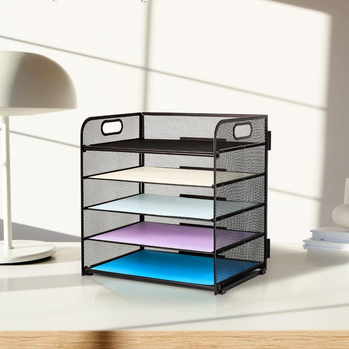 Storite 5-Tier Mesh Paper Organizer with Handle – Clean Vertical Desktop Sorter in Neutral Black, White, and Softgray
