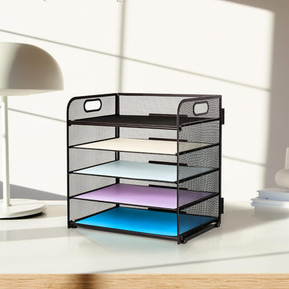 Storite 5-Tier Mesh Paper Organizer with Handle – Clean Vertical Desktop Sorter in Neutral Black, White, and Softgray