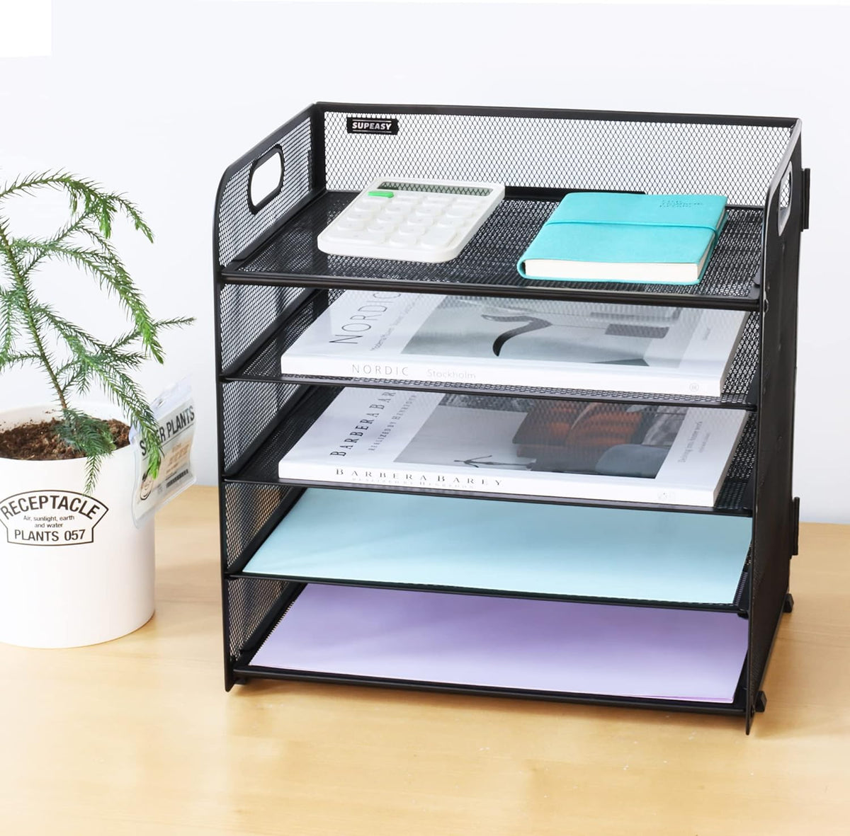 Storite 5-Tier Mesh Paper Organizer with Handle – Clean Vertical Desktop Sorter in Neutral Black, White, and Softgray