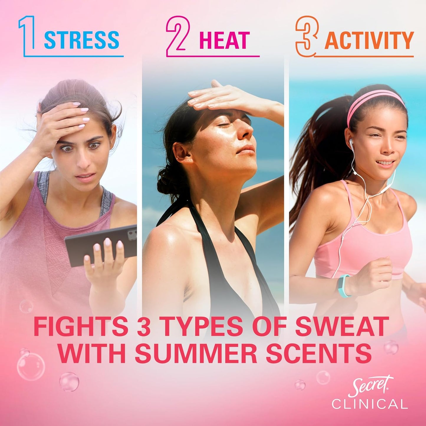 stress-sweat targeting technology addressing stress, heat, and activity-triggered perspiration