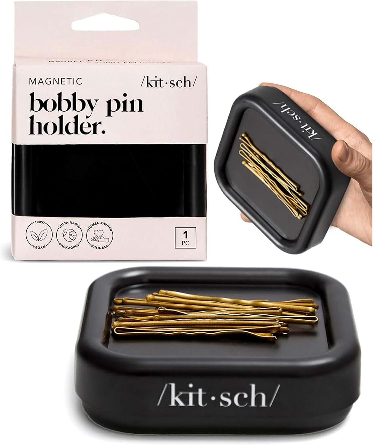 strong built-in magnet that captures and holds metal bobby pins on contact