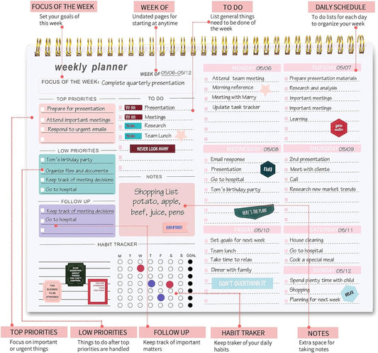 structured sections including top priorities, low priorities, follow-up, to-do list, and notes
