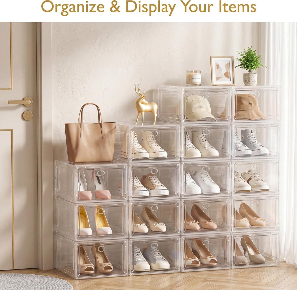 Sturdy Clear Shoe Organizer with Magnetic Door – Holiday Gift for the Person Who Has Everything, Clear Stackable Shoe Boxes
