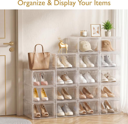 Sturdy Clear Shoe Organizer with Magnetic Door – Holiday Gift for the Person Who Has Everything, Clear Stackable Shoe Boxes
