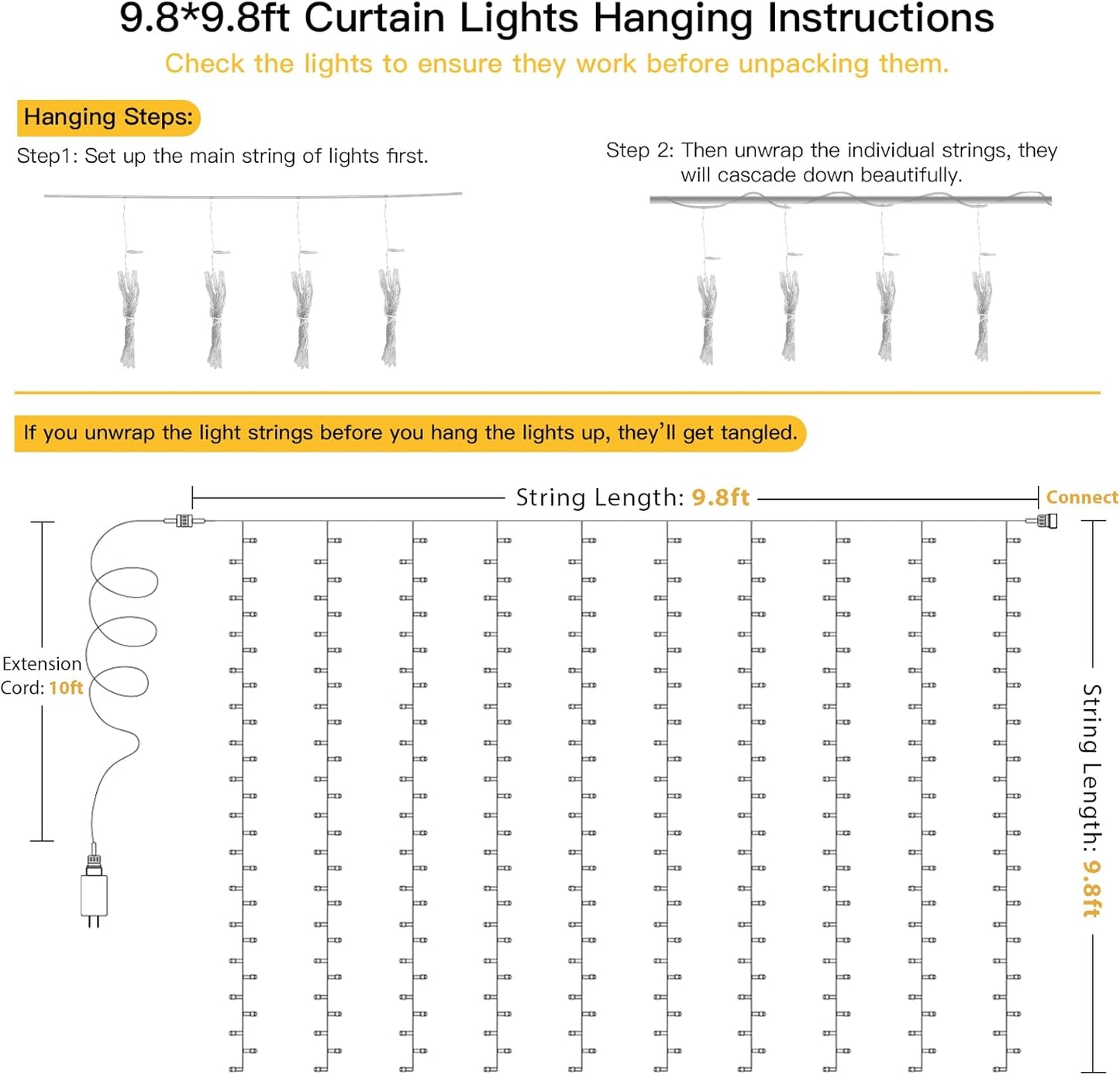 suddus Curtain Lights for Kids Room – 300 LED Cool-to-Touch 9.8x9.8ft Warm White with 6H Auto-Off Timer, Safe Nursery and Playroom Decor