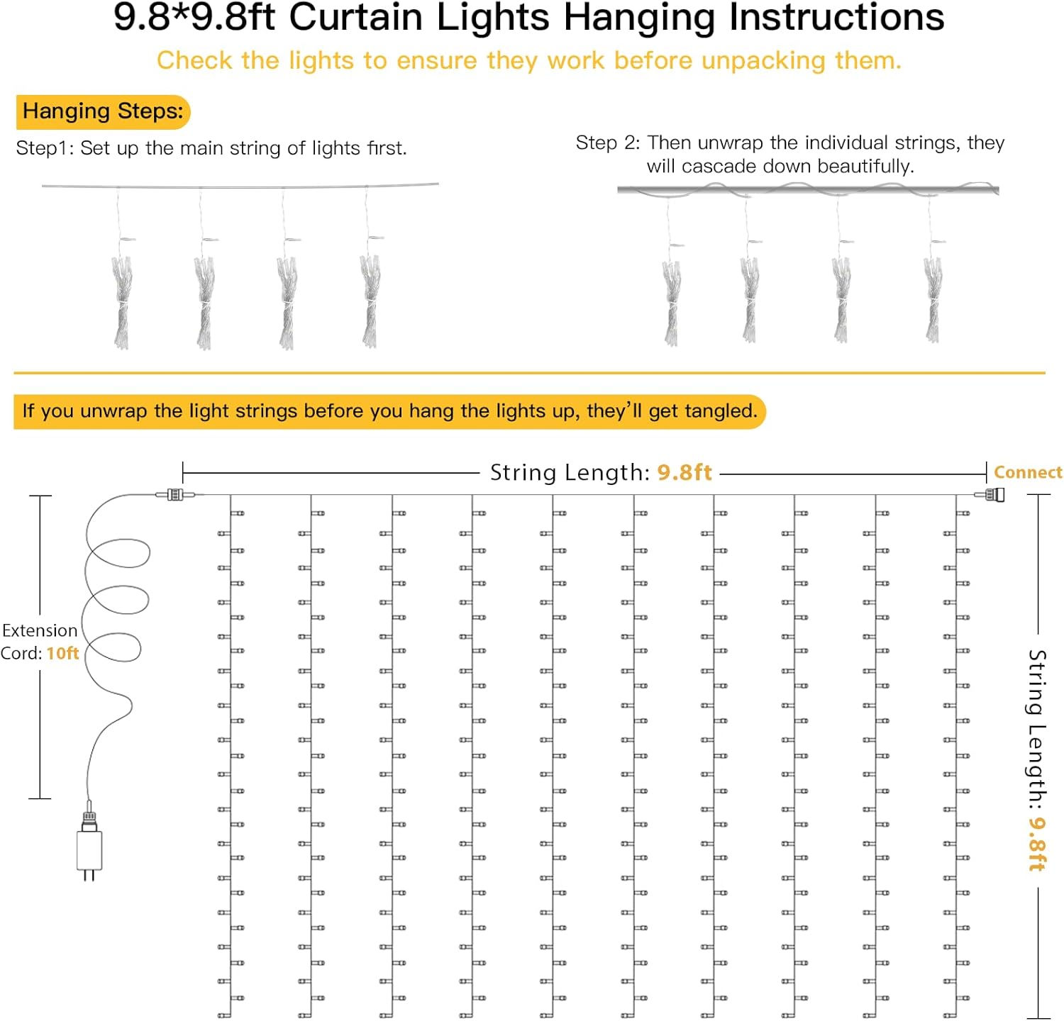 suddus Curtain Lights for Kids Room – 300 LED Cool-to-Touch 9.8x9.8ft Warm White with 6H Auto-Off Timer, Safe Nursery and Playroom Decor