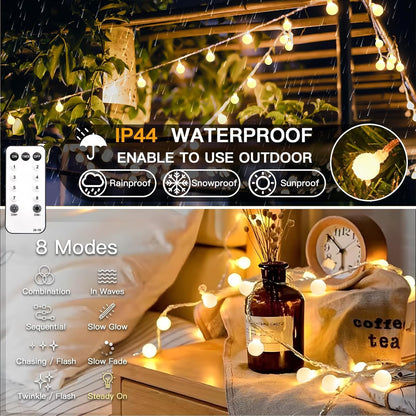 suddus IP44 Waterproof Globe String Lights – 33ft Outdoor Patio and Pergola String Lights with 100 LED Warm White Bulbs