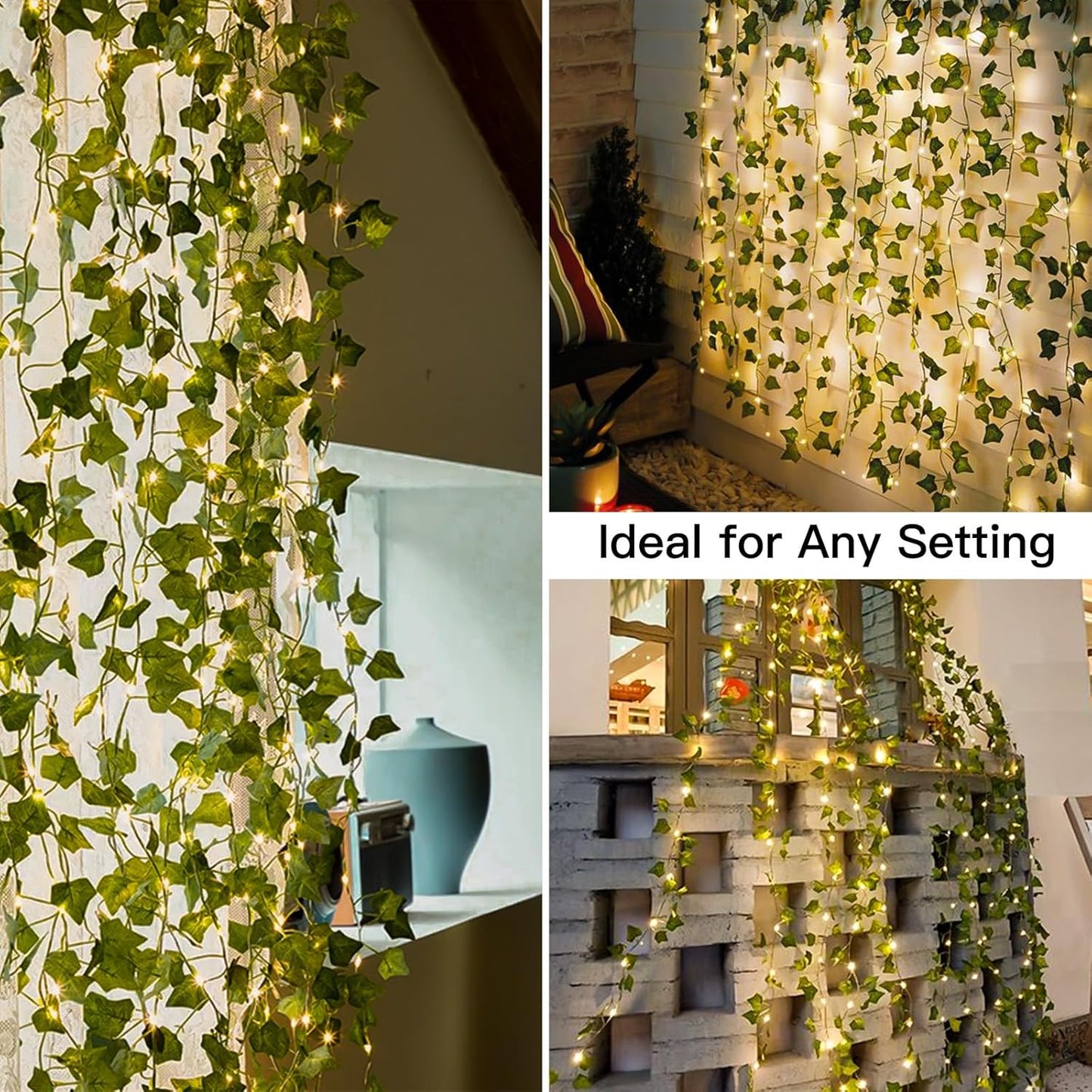 suddus Vine Curtain Lights – Effortless Minimalist Bedroom Decor, Single Warm White Glow on Pre-Lit Artificial Ivy