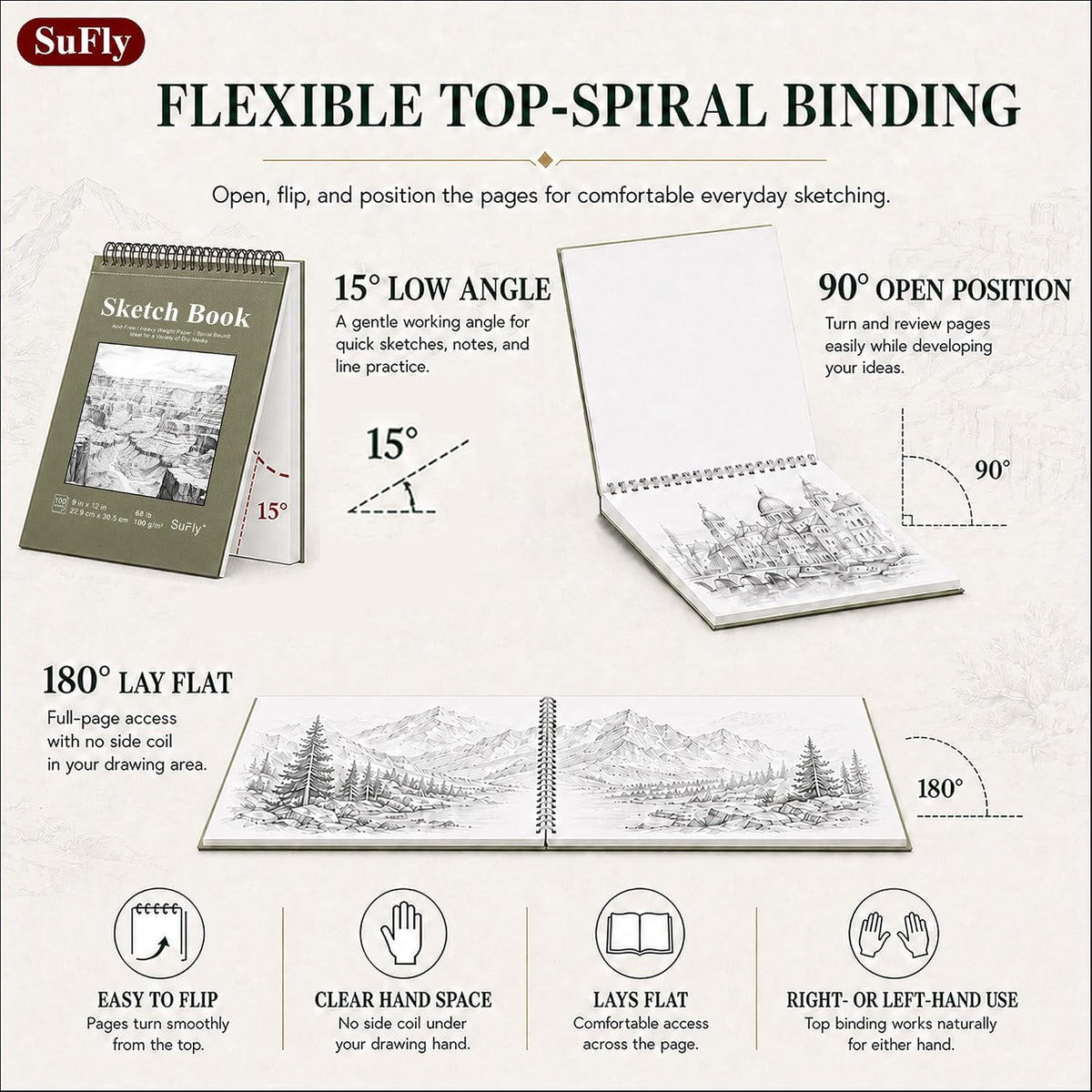 SuFly Drawing Paper Pad 9x12, Neutral-Toned Sketchbook for Less-Is-More Art Corners