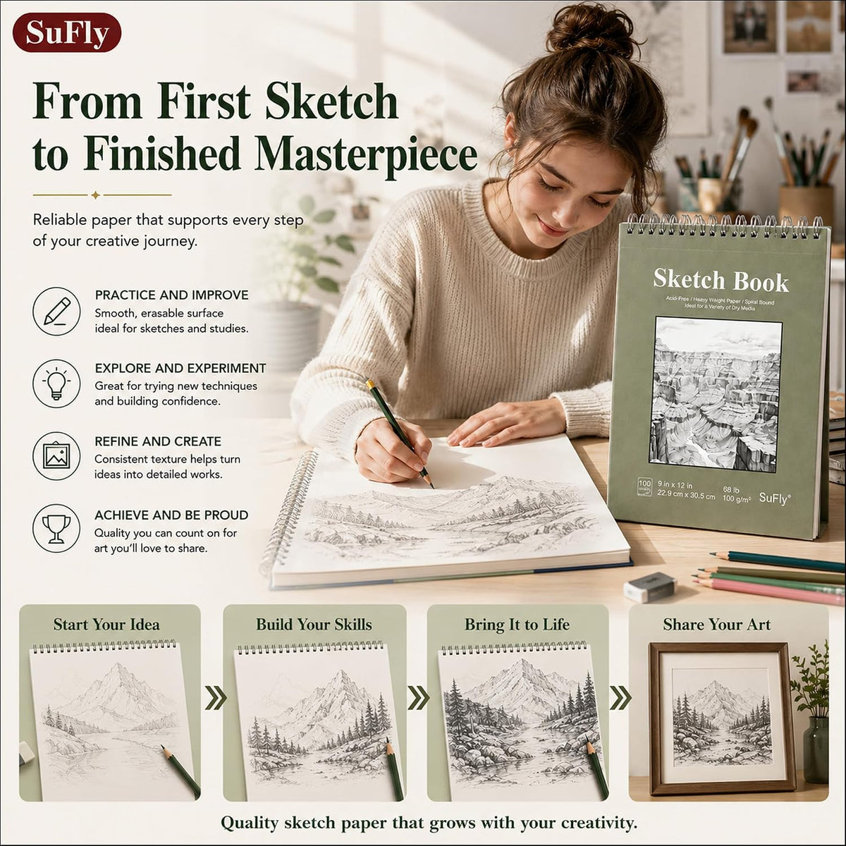 SuFly Drawing Paper Pad 9x12, Neutral-Toned Sketchbook for Less-Is-More Art Corners