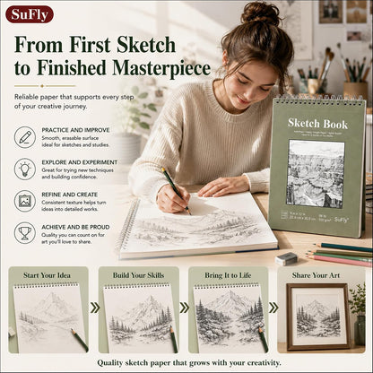 SuFly Drawing Paper Pad 9x12, Neutral-Toned Sketchbook for Less-Is-More Art Corners