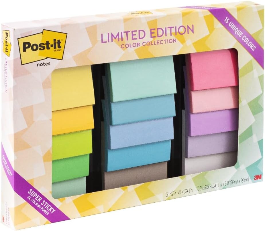 super sticky adhesive with 2x the sticking power of basic sticky notes