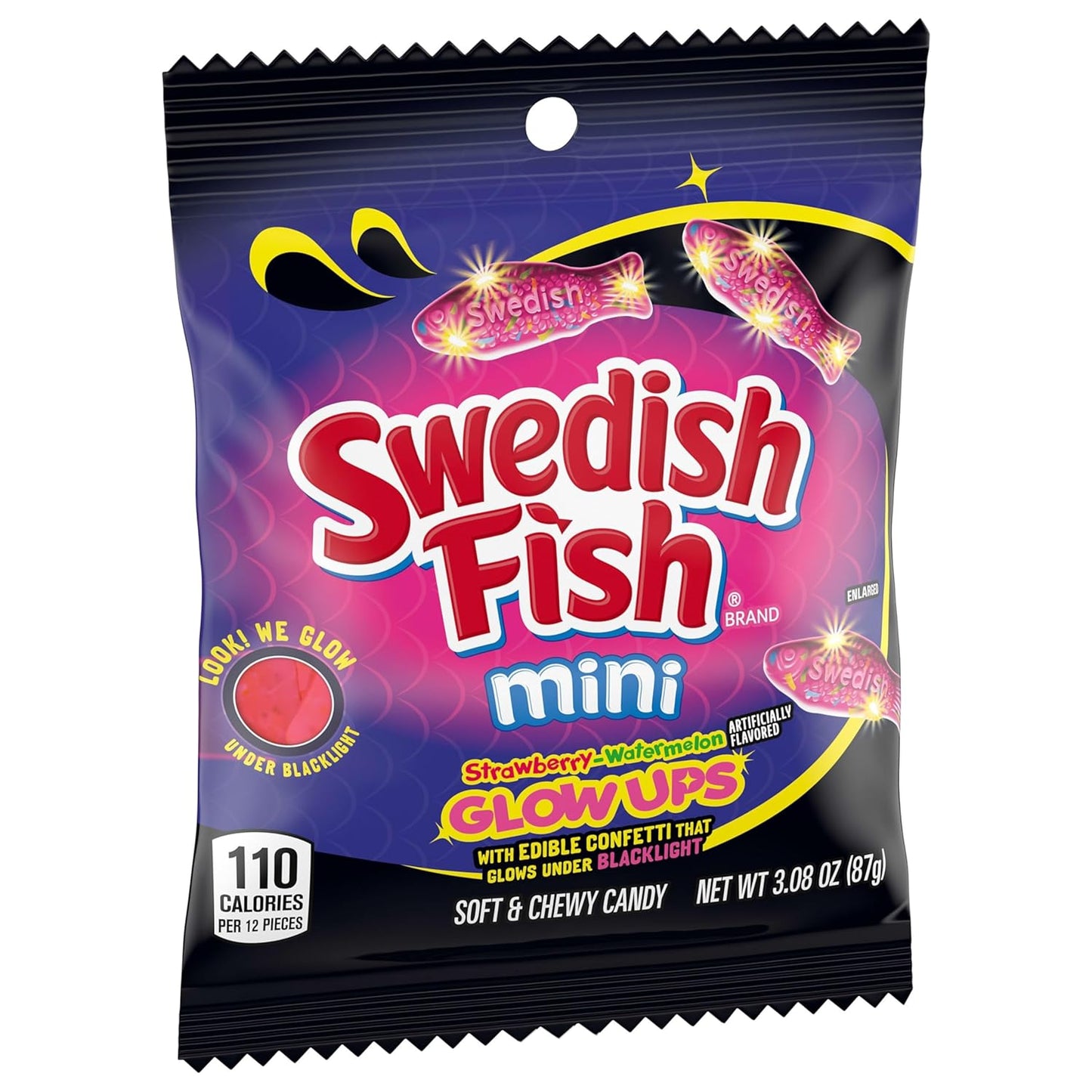 SWEDISH FISH Mini Glow Ups Gummy Candy – Novelty Glow Gift for Tween Birthday Parties, Bulk 12-Pack of 3.08 oz Blacklight Treat Bags