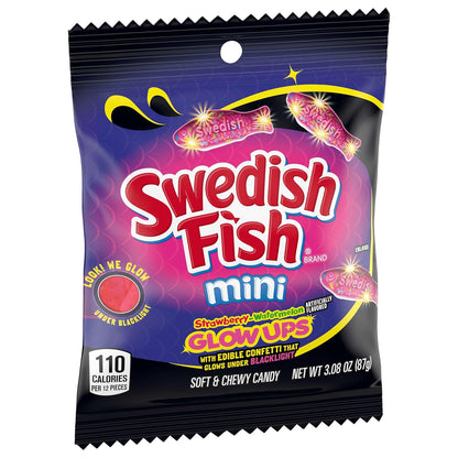 SWEDISH FISH Mini Glow Ups Gummy Candy – Novelty Glow Gift for Tween Birthday Parties, Bulk 12-Pack of 3.08 oz Blacklight Treat Bags