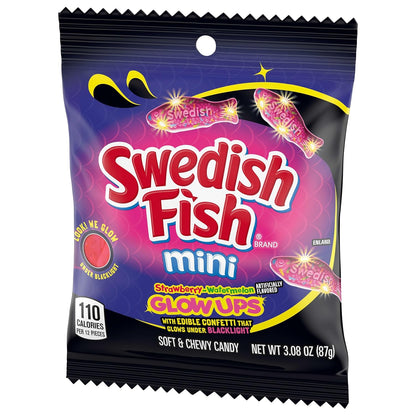 SWEDISH FISH Mini Glow Ups Gummy Candy – Novelty Glow Gift for Tween Birthday Parties, Bulk 12-Pack of 3.08 oz Blacklight Treat Bags