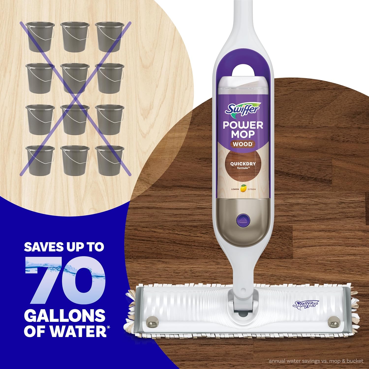 Swiffer PowerMop Wood Refill Solution – Streamlined QuickDry Cleaner for Uncluttered Hardwood Floors, Lemon Scent, 50.6oz