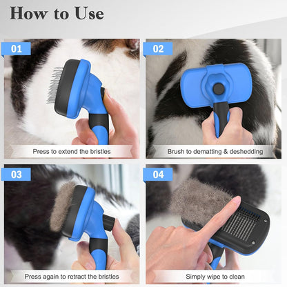 Swihauk Self Cleaning Slicker Brush - Calming At-Home Deshedding Tool for Long-Haired Breeds, Self-Care Grooming Ritual, Blue