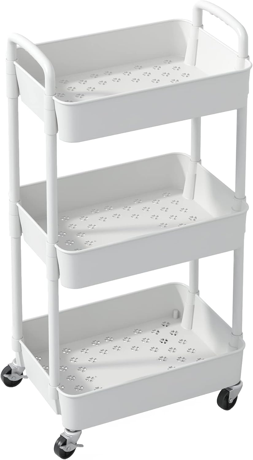 Sywhitta 3-Tier Movable Organizer with Wheels, Living Room Side Table Decor for Plants and Decor Accents, White